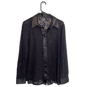 Vintage-Inspired Sheer Lace Blouse with Satin Details